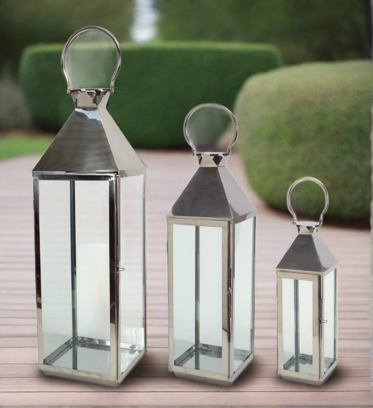 Sleek Stainless Steel & Glass Candle Lanterns, Set of 3