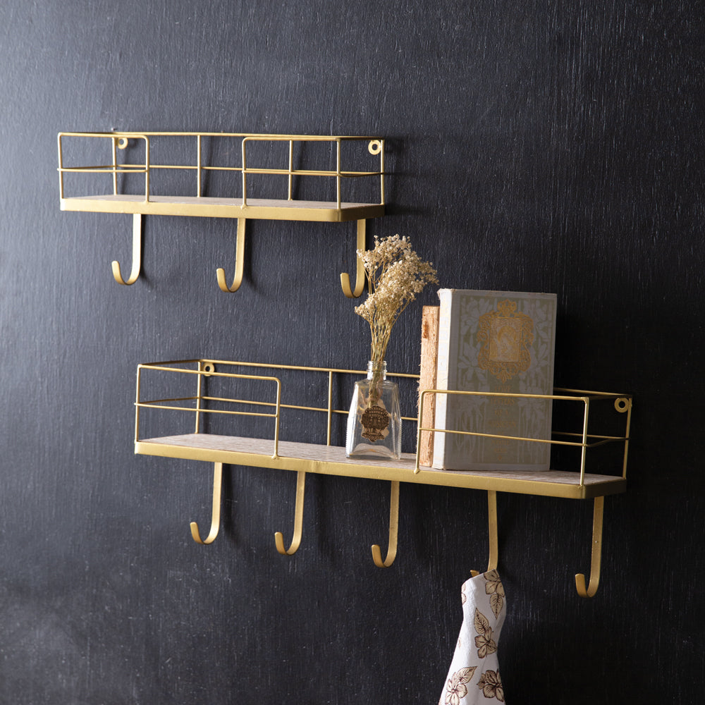 Set of Two Gold Finished Shelves with Hooks
