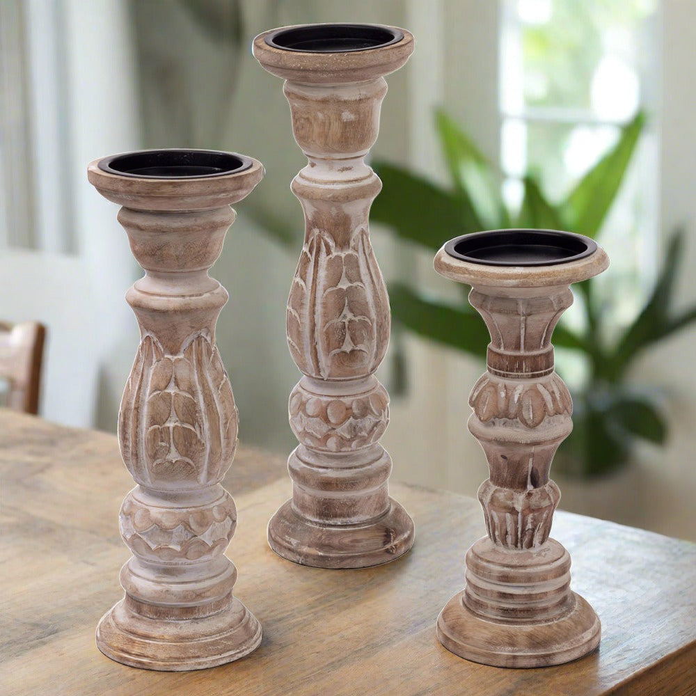 Daniel Carved Wood Candle Holders, Set of 3