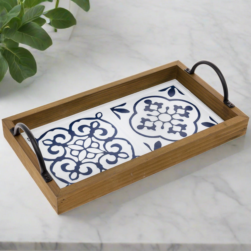 Coastal Blue and White Wood and Metal Decorative Tray