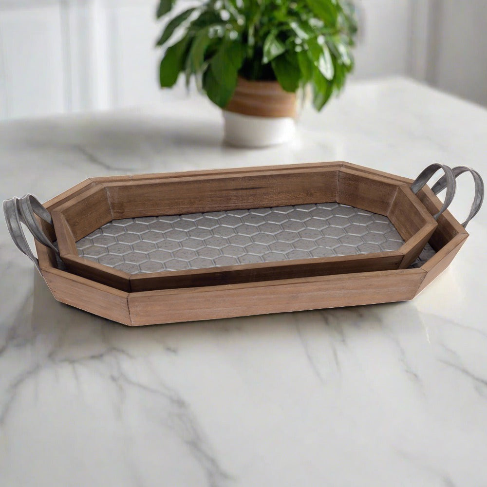 Honeycomb Wood and Metal Serving Trays, Set of 2