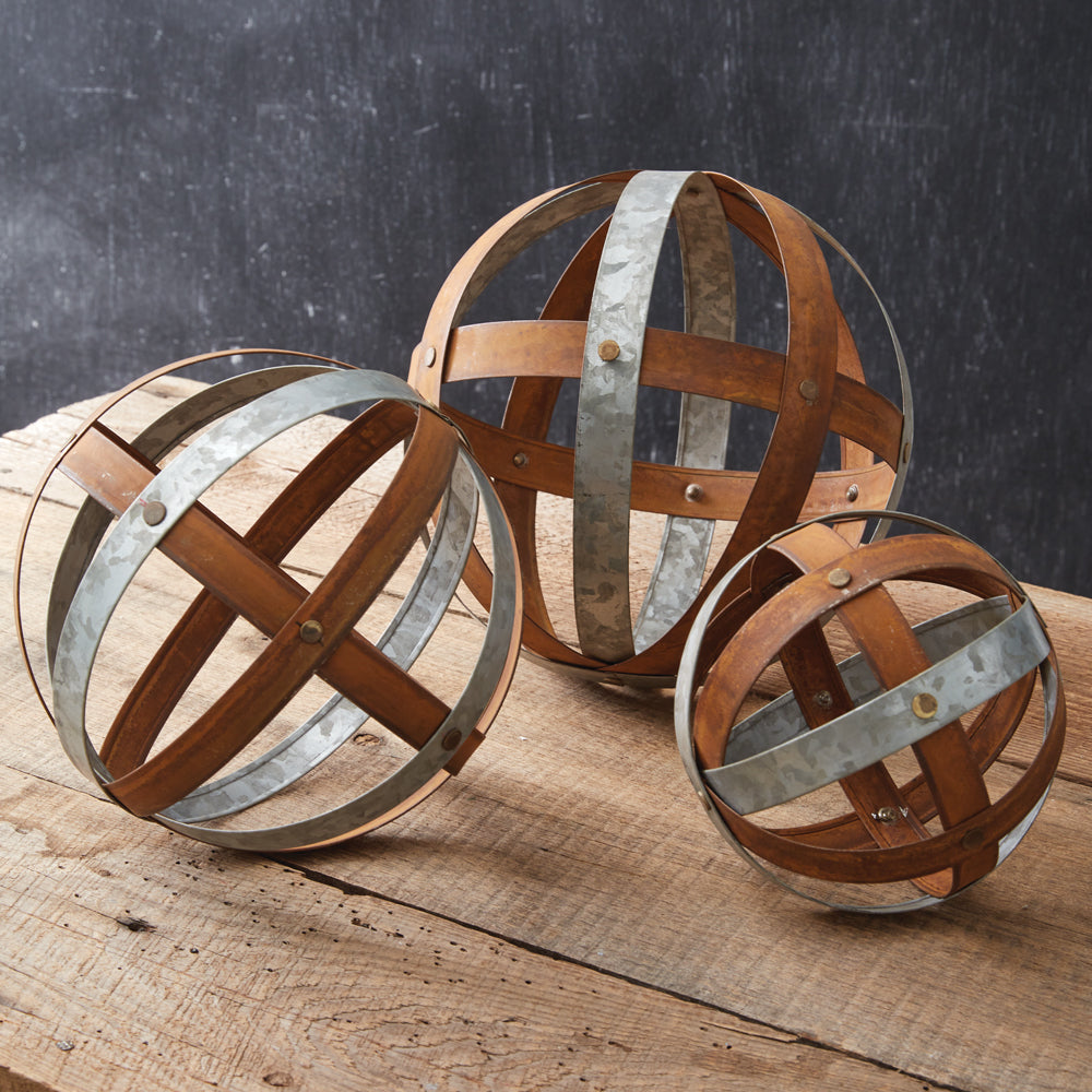Set of Three Weathered Decorative Mixed Metal Balls