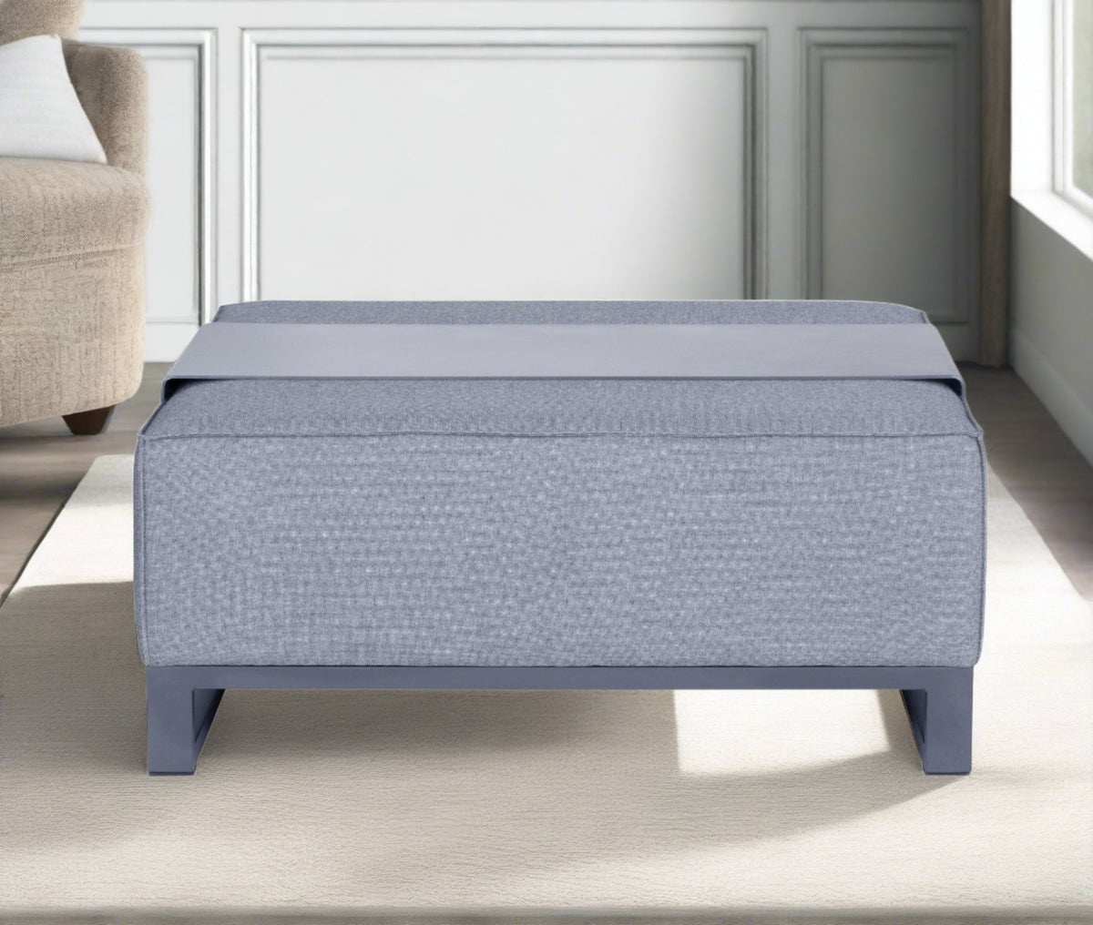 40" Gray Linen Cocktail Ottoman with Tray