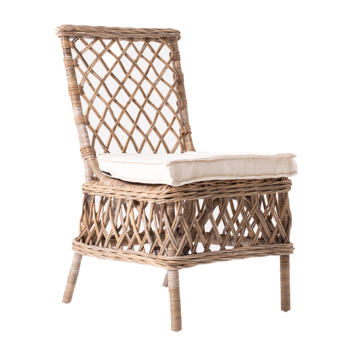 Set Of Two Lattice Weave Wicker Chairs With Seat Cushion
