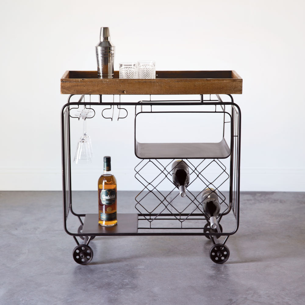 Industrial Bar Cart, Wood and Cast Iron