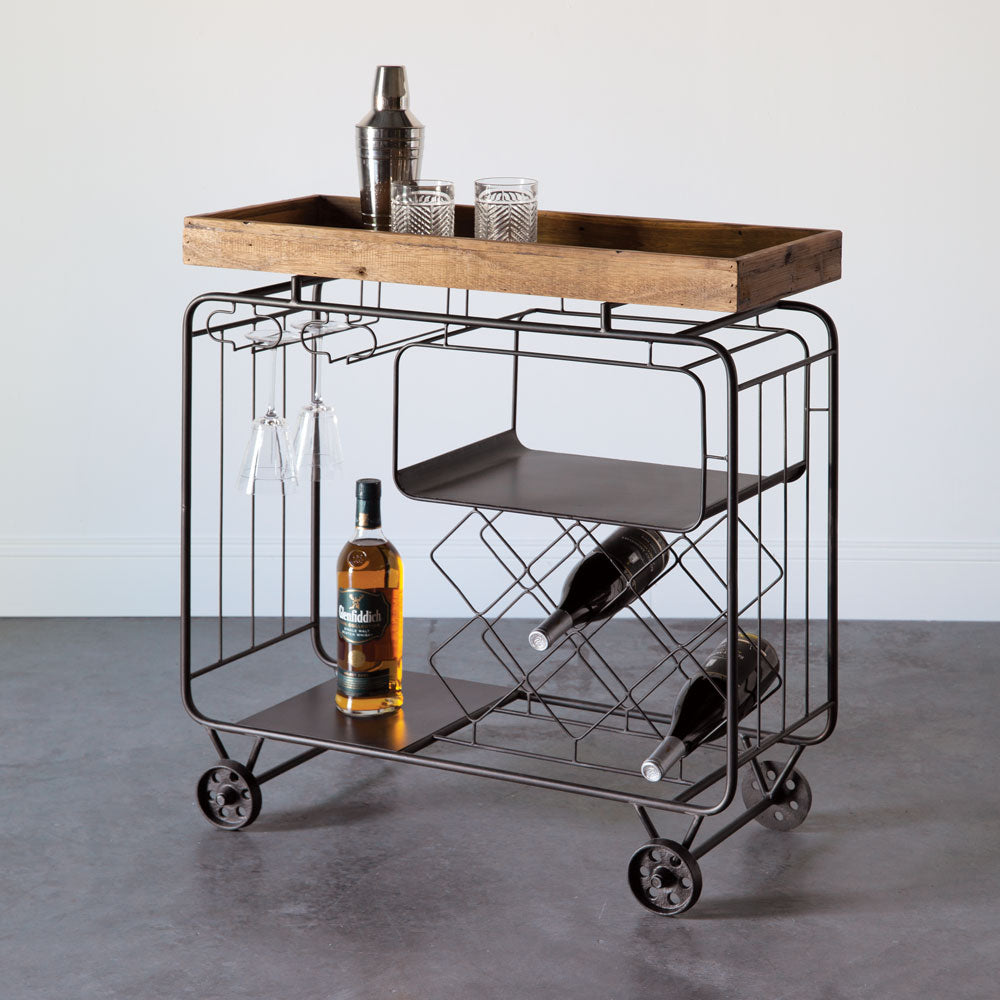 Industrial Bar Cart, Wood and Cast Iron