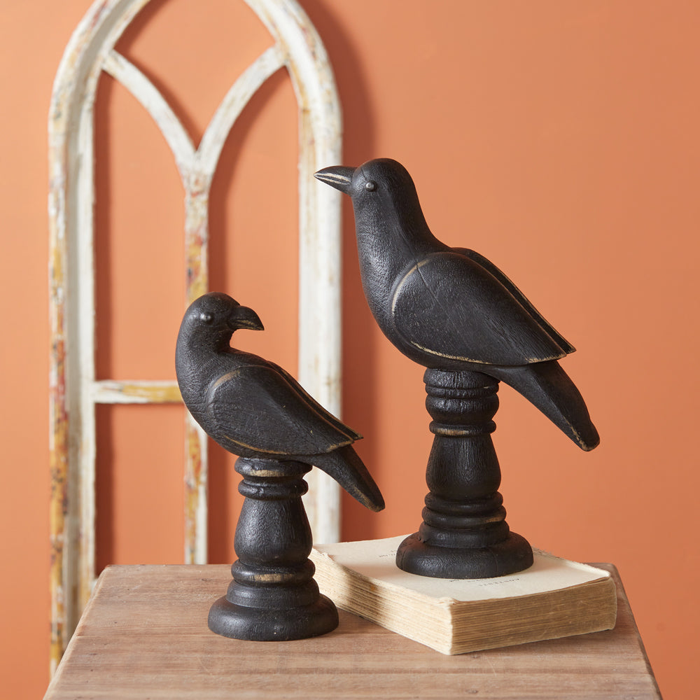 Carved Wood Tabletop Raven Statues, Set of 2