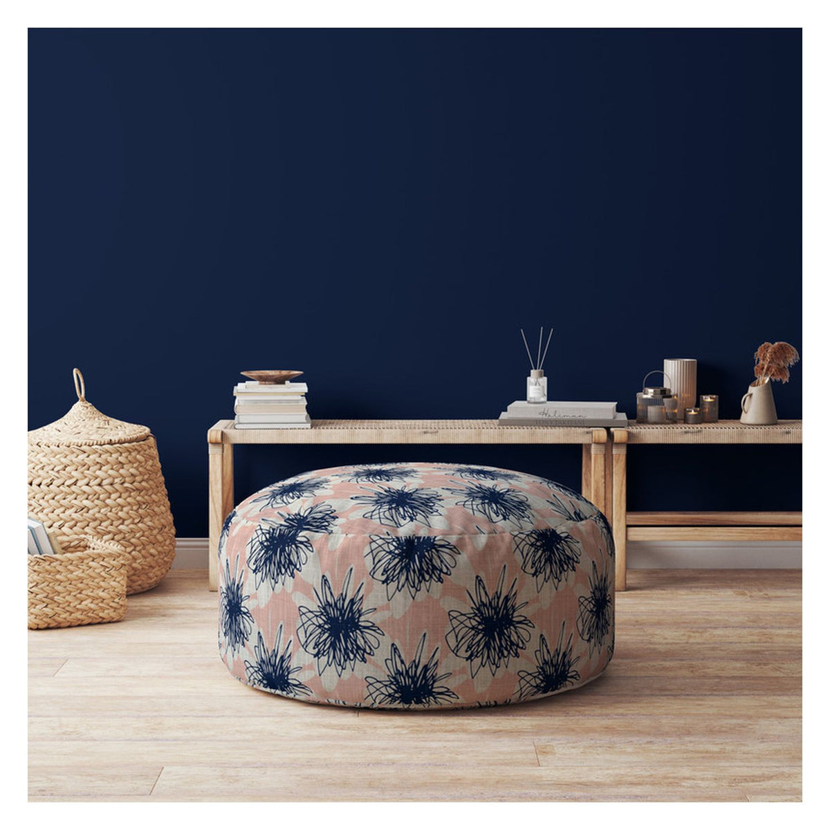 Pink And Blue Canvas Round Floral Pouf Ottoman