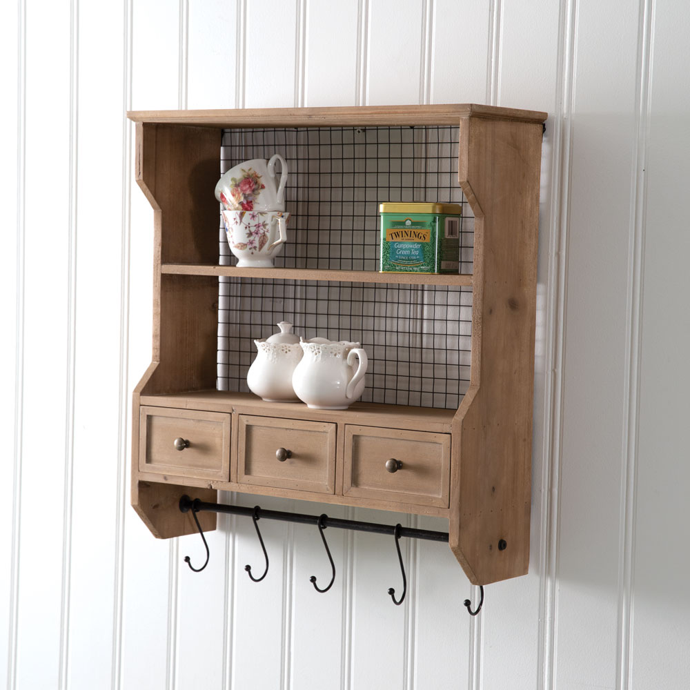 Waterside Wood Organizer Shelf with Drawers and Hooks