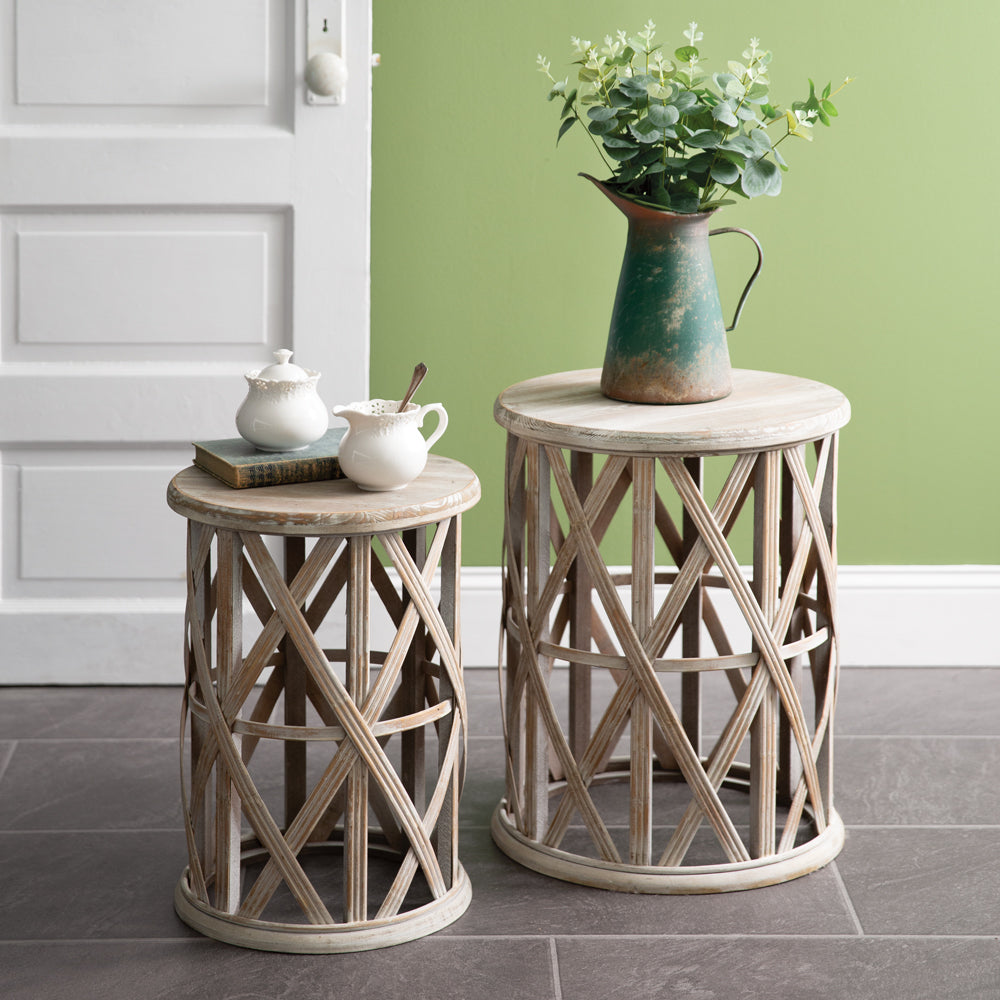 Set of Two Bamboo and Wood Basket Weave Accent Tables