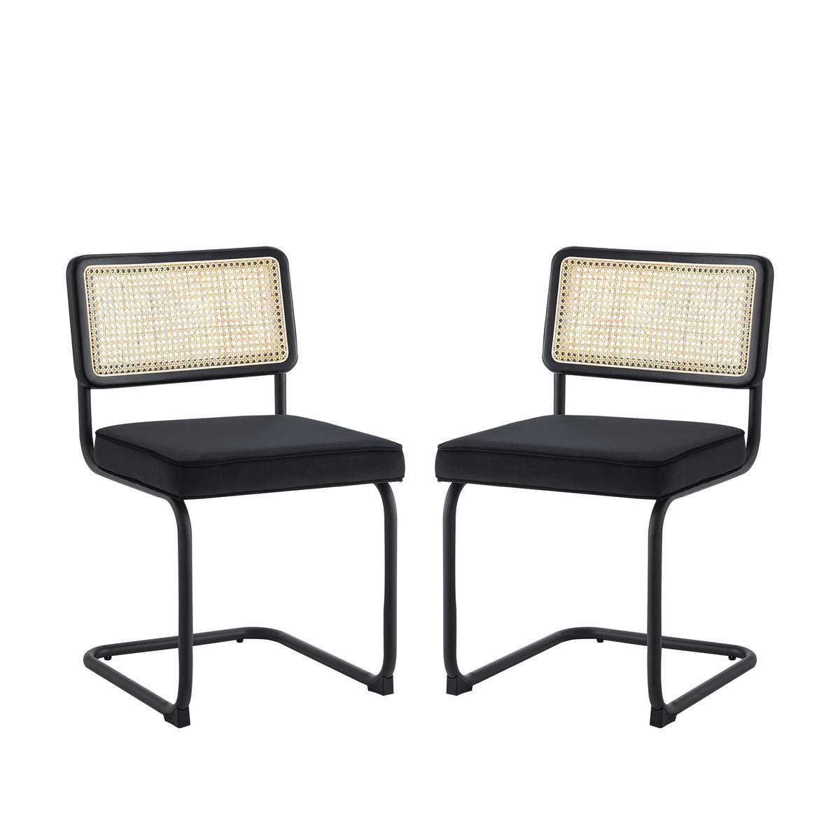 Cane and Velvet Dining Chairs, Set of 2