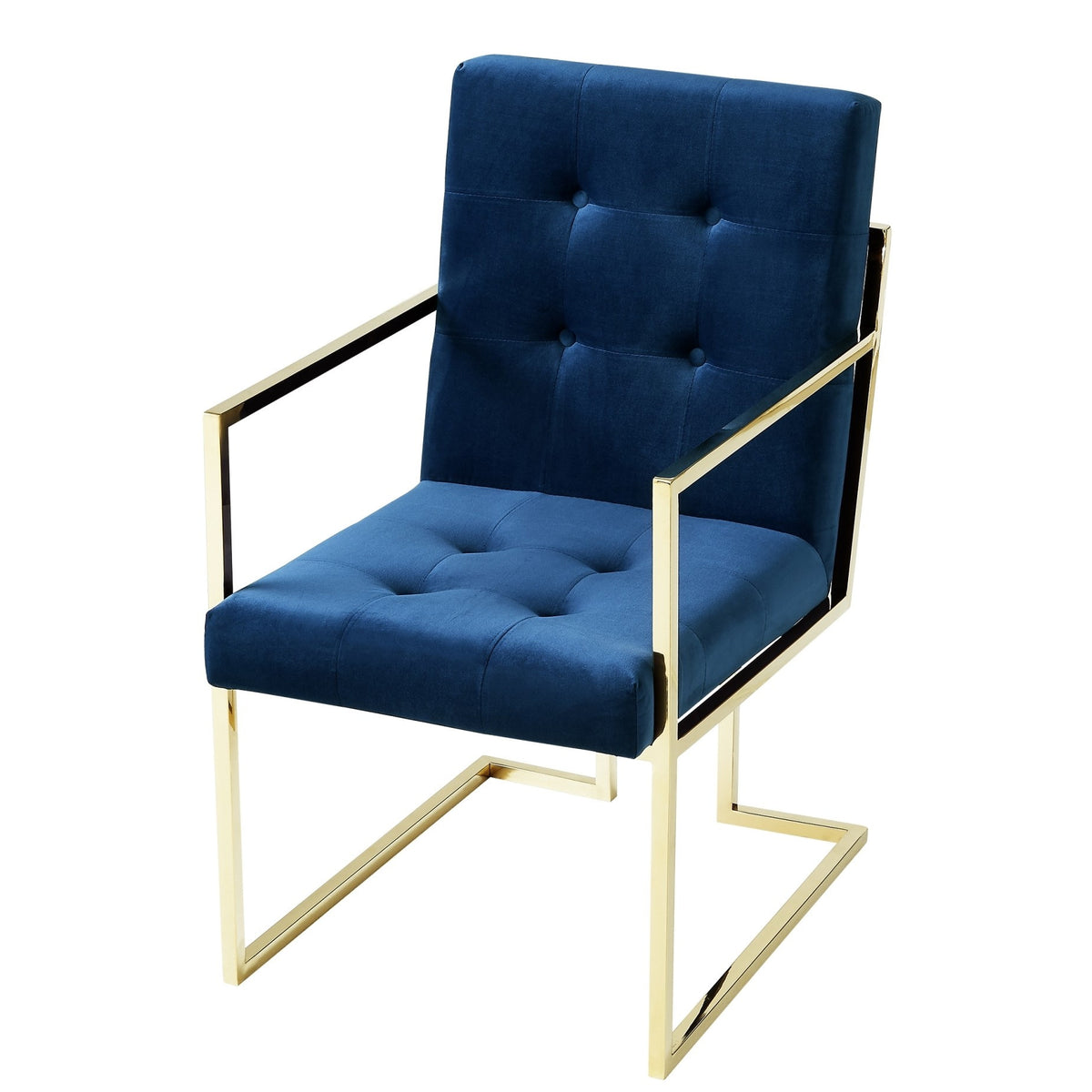 Tufted Navy Blue And Gold Velvet Dining Arm Chairs