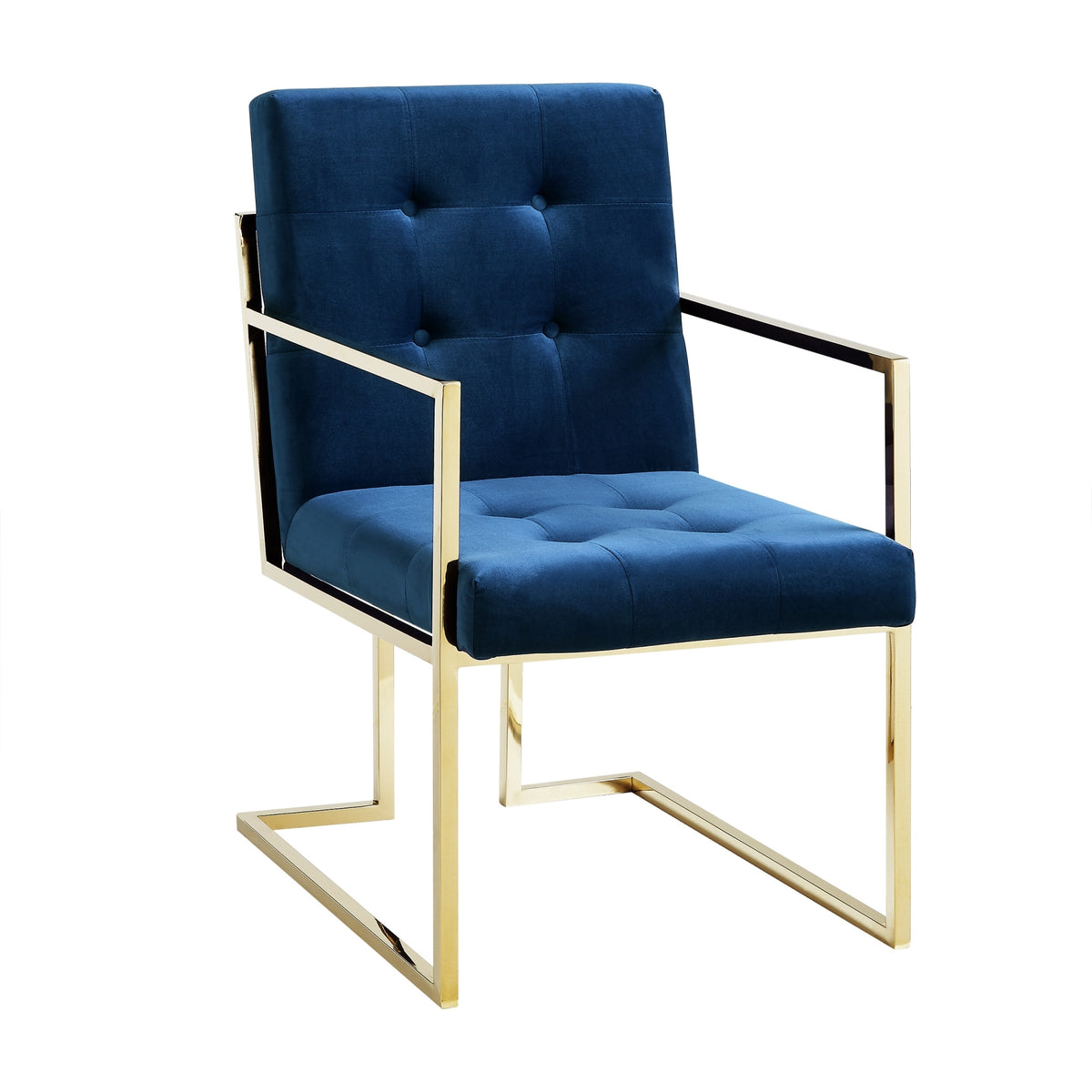 Tufted Navy Blue And Gold Velvet Dining Arm Chairs
