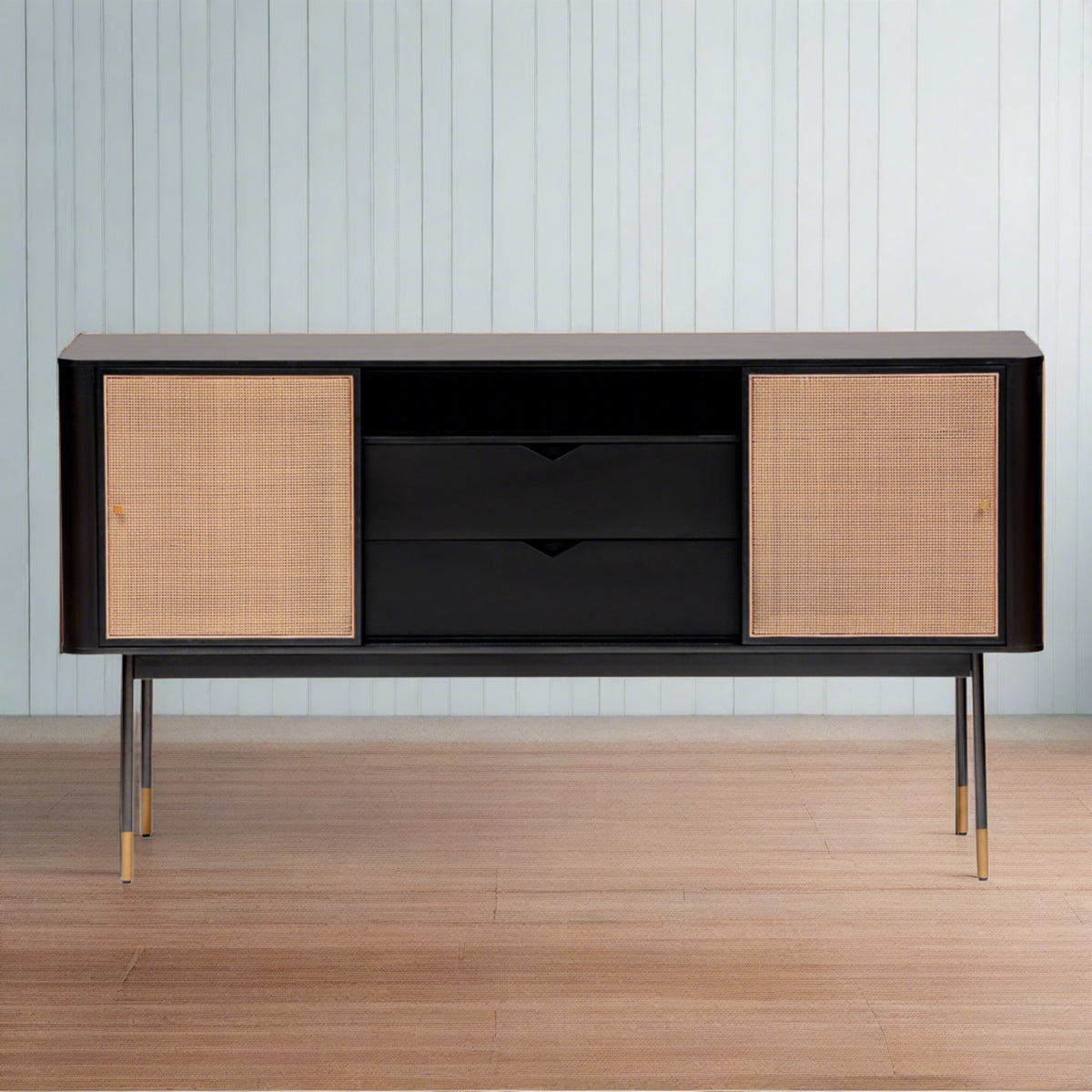 Miriam Sideboard In Black With Natural Wicker