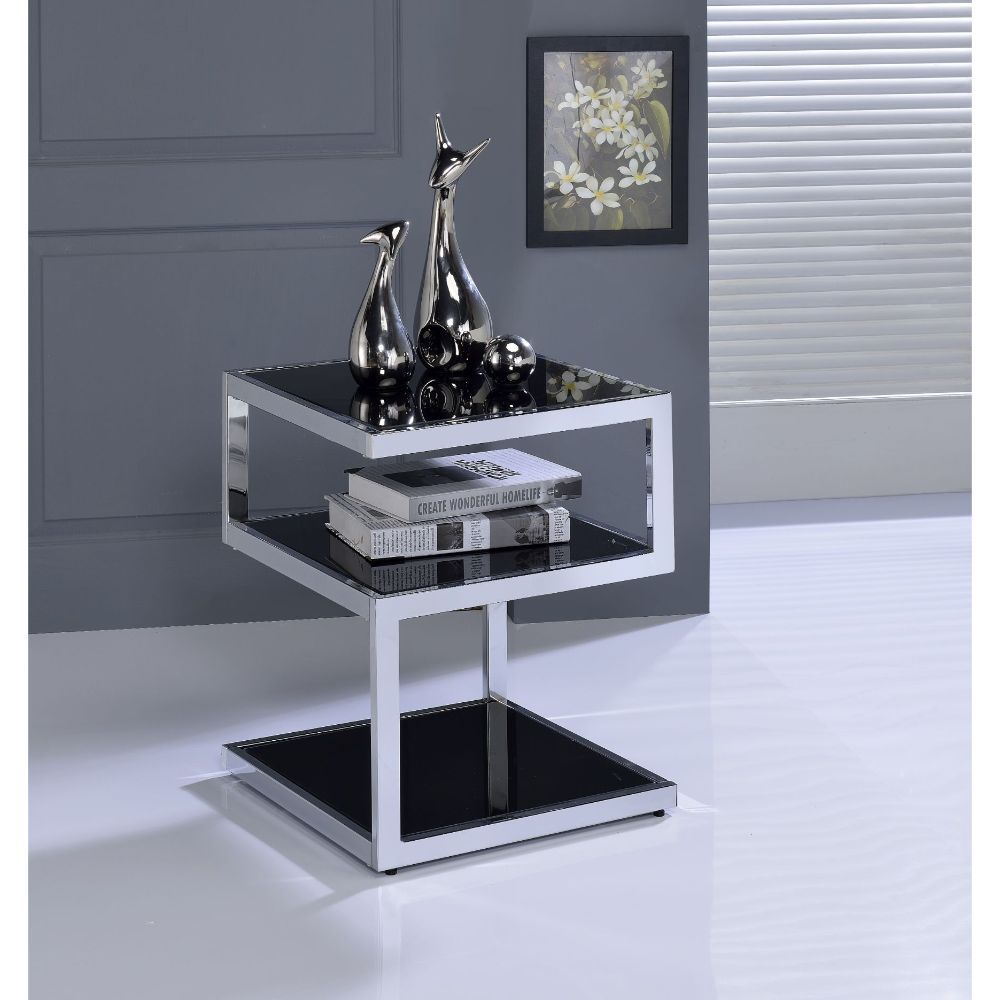 Alyea Black Glass and Chrome Modern Side Table - Adley & Company Inc. 