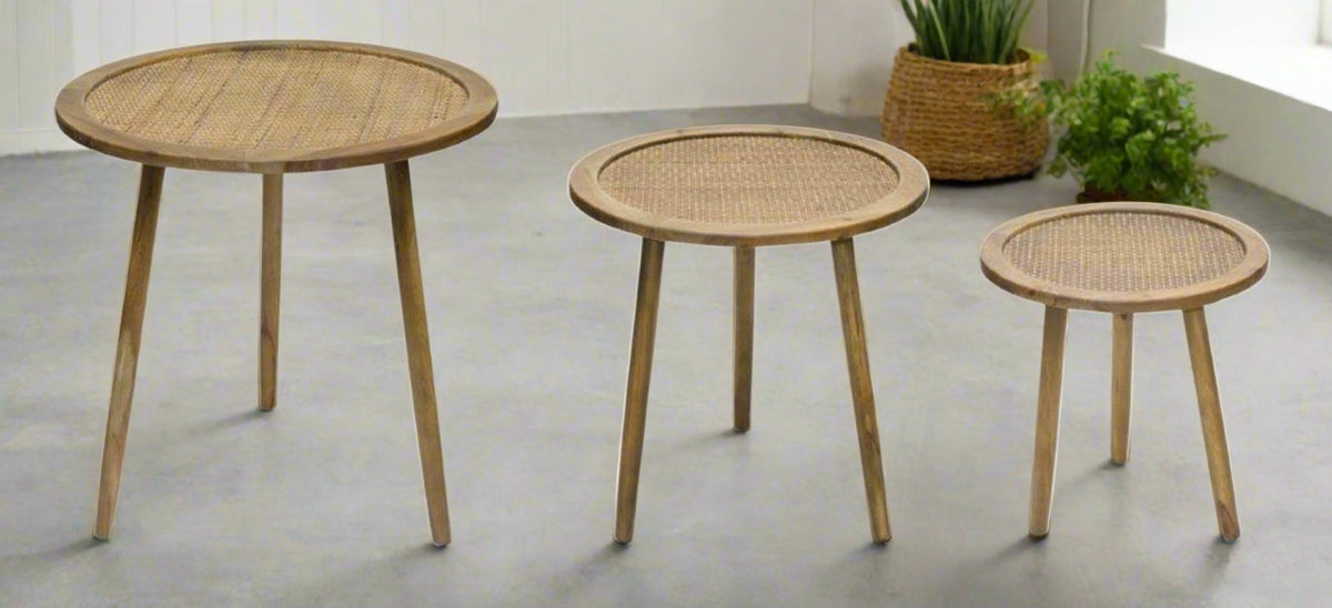Delmar Wood and Rattan Round Side Tables, Set of 3