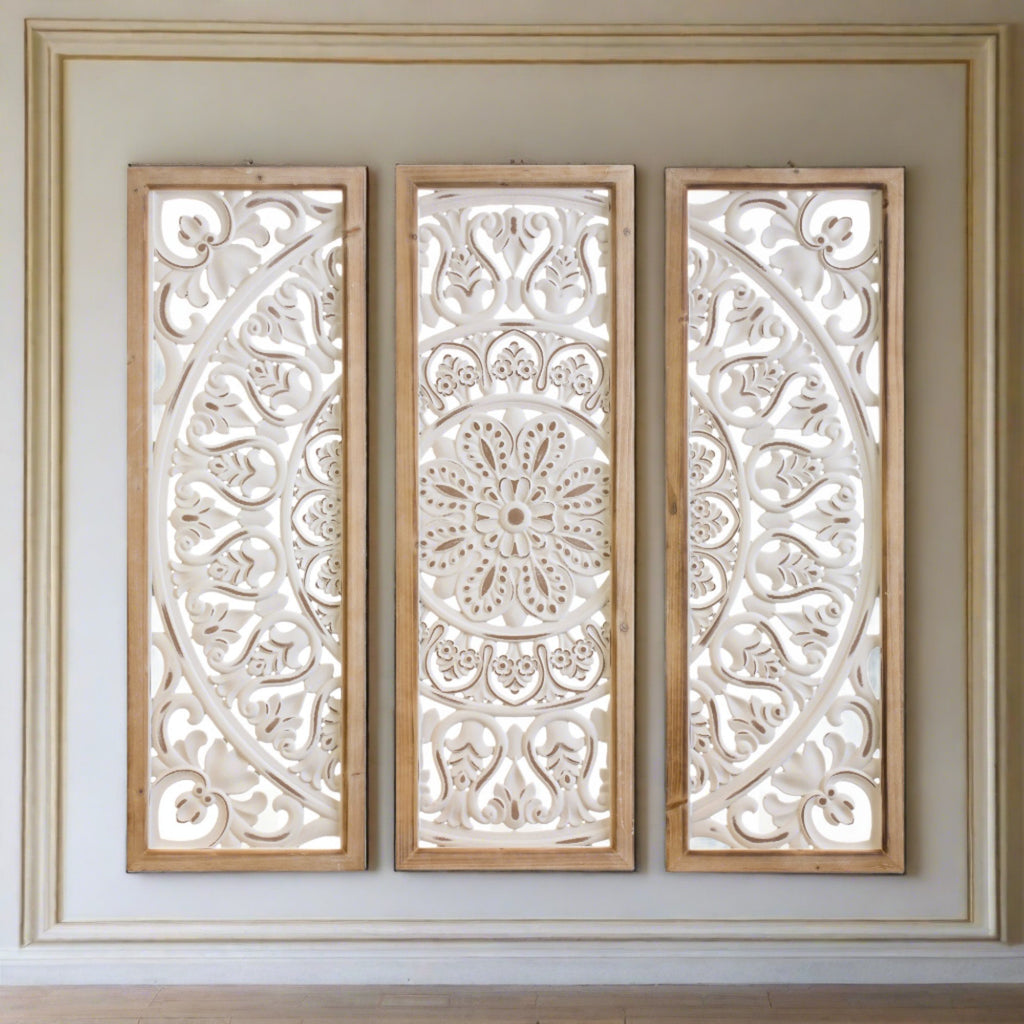 Wood and Ornate Iron Wall Triptych Wall Decor, 37" Tall