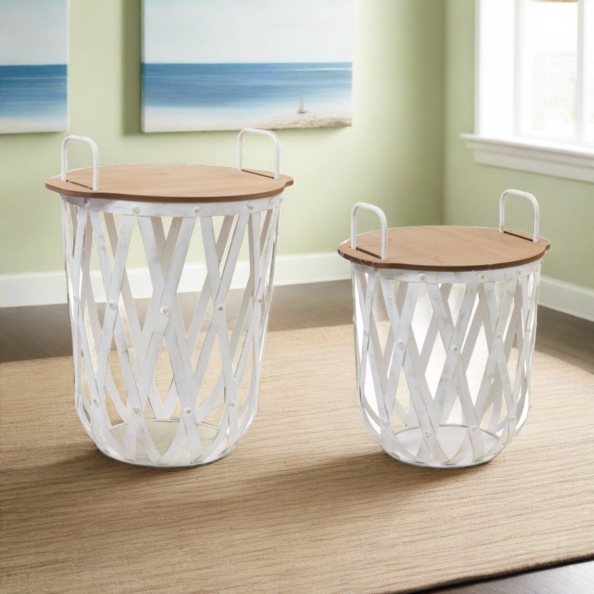 White Metal and Wood Open Work Accent Tables, Set of 2