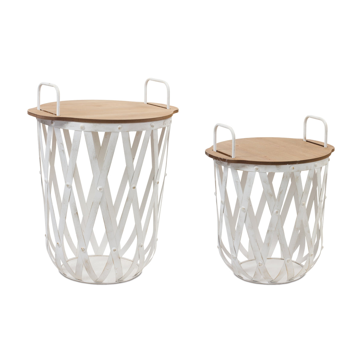 White Metal and Wood Open Work Accent Tables, Set of 2