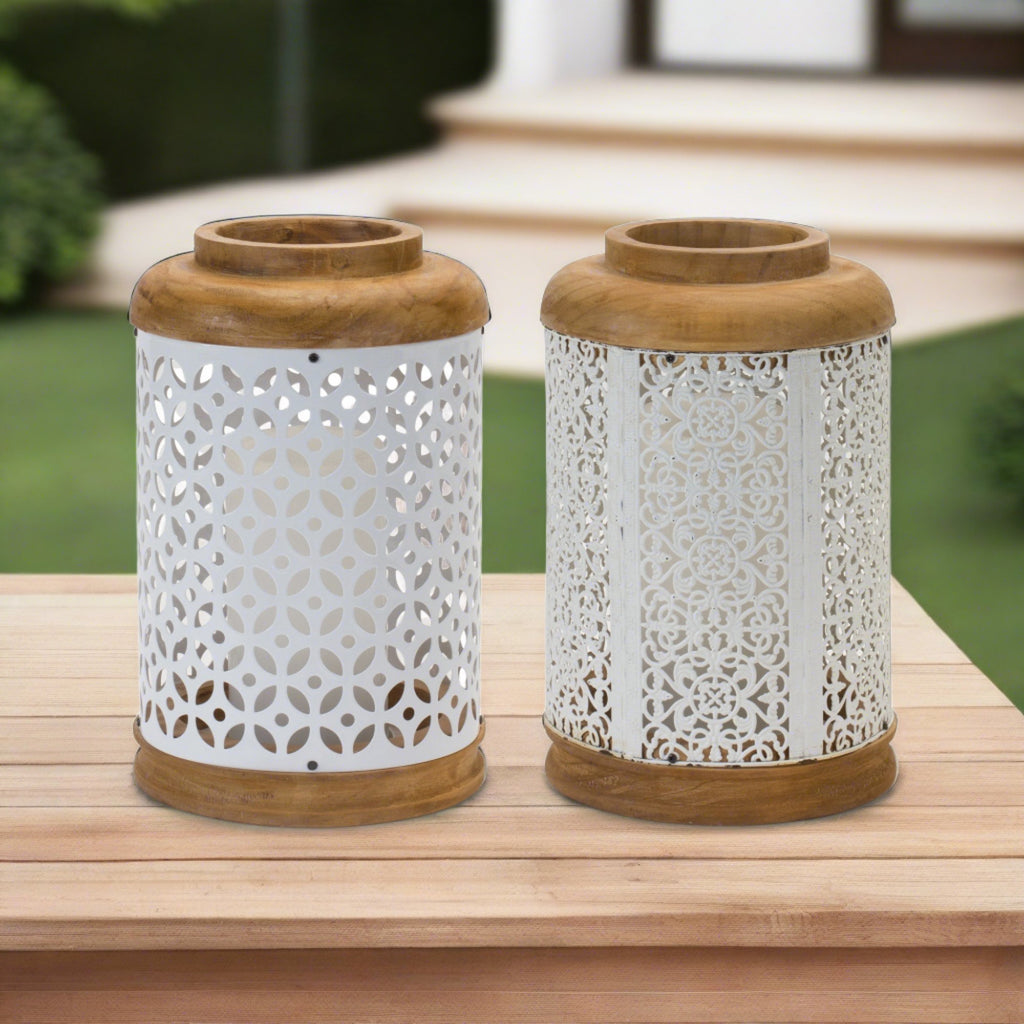 Wood and Punched White Metal Candle Lanterns, Set of 2