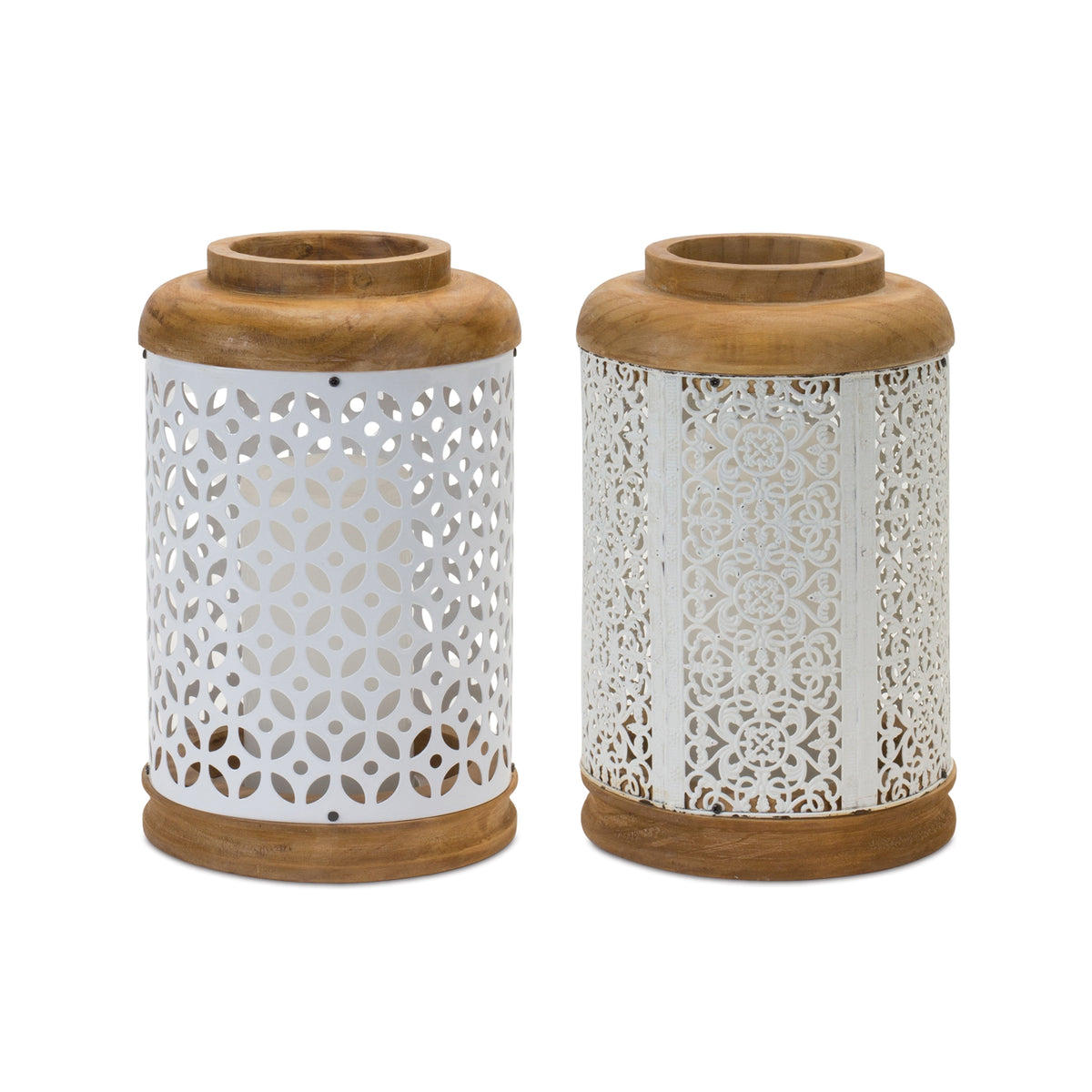 Wood and Punched White Metal Candle Lanterns, Set of 2