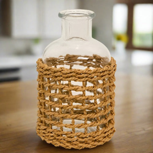 Glass Bottle In Seagrass Woven Sleeve, Set of 6