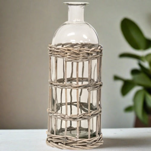 Graywash Willow Wrapped Glass Bottle Vase, Set of 8