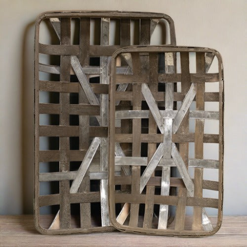Gray Washed Rectangle Tobacco Baskets with Metal Strips, Set of 2