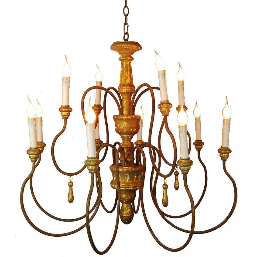 Turned Wood Chandelier with Gold Finish