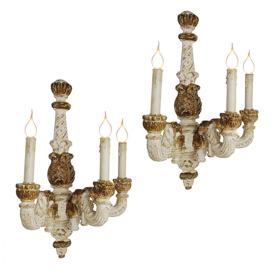 Antiqued Carved White and Gold Wood Sconce Light, Set of 2