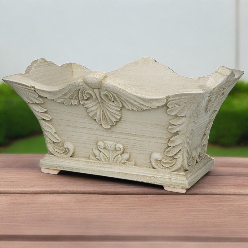 Hand Carved Wood Planter with Distressed Cream Finish, Set of 2