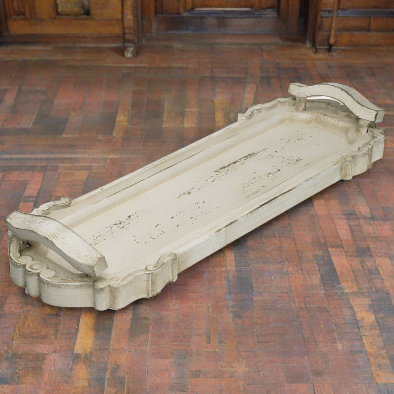 Hand Carved Wood Serving Tray with Distressed Cream Finish - Adley & Company Inc. 
