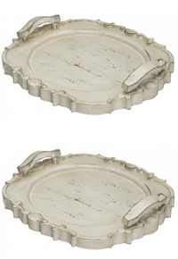 Hand Carved Wood Decorative Tray with Distressed Cream Finish