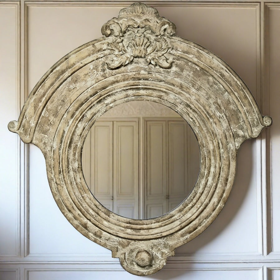 Large Carved Wood Round Wall Mirror - Adley & Company Inc. 