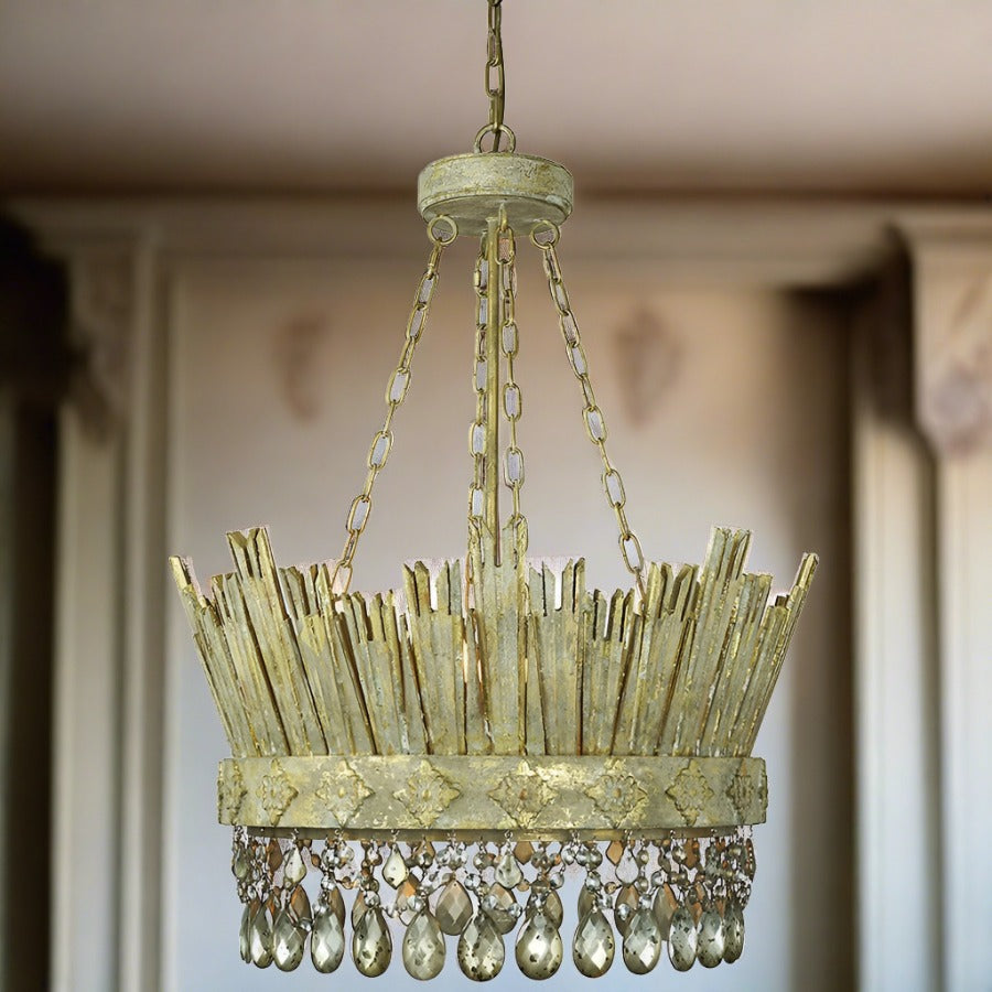Wood and Crystal Antiqued Chandelier