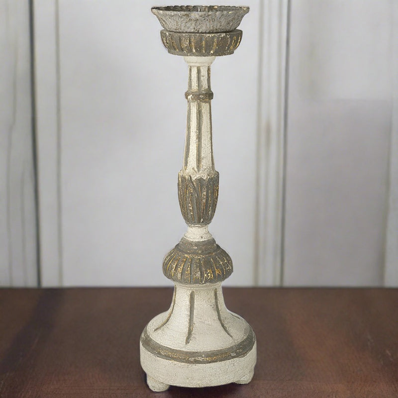 Avignon White and Gold Distressed Wood Candle Holder