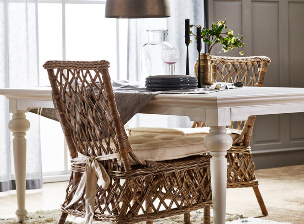 Set Of Two Lattice Weave Wicker Chairs With Seat Cushion