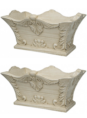 Hand Carved Wood Planter with Distressed Cream Finish, Set of 2