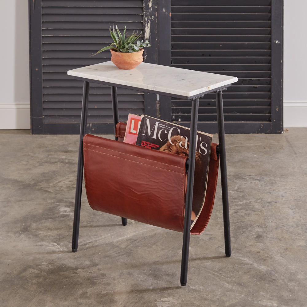 Marble Top Leather Sling Side Table, Magazine Holder