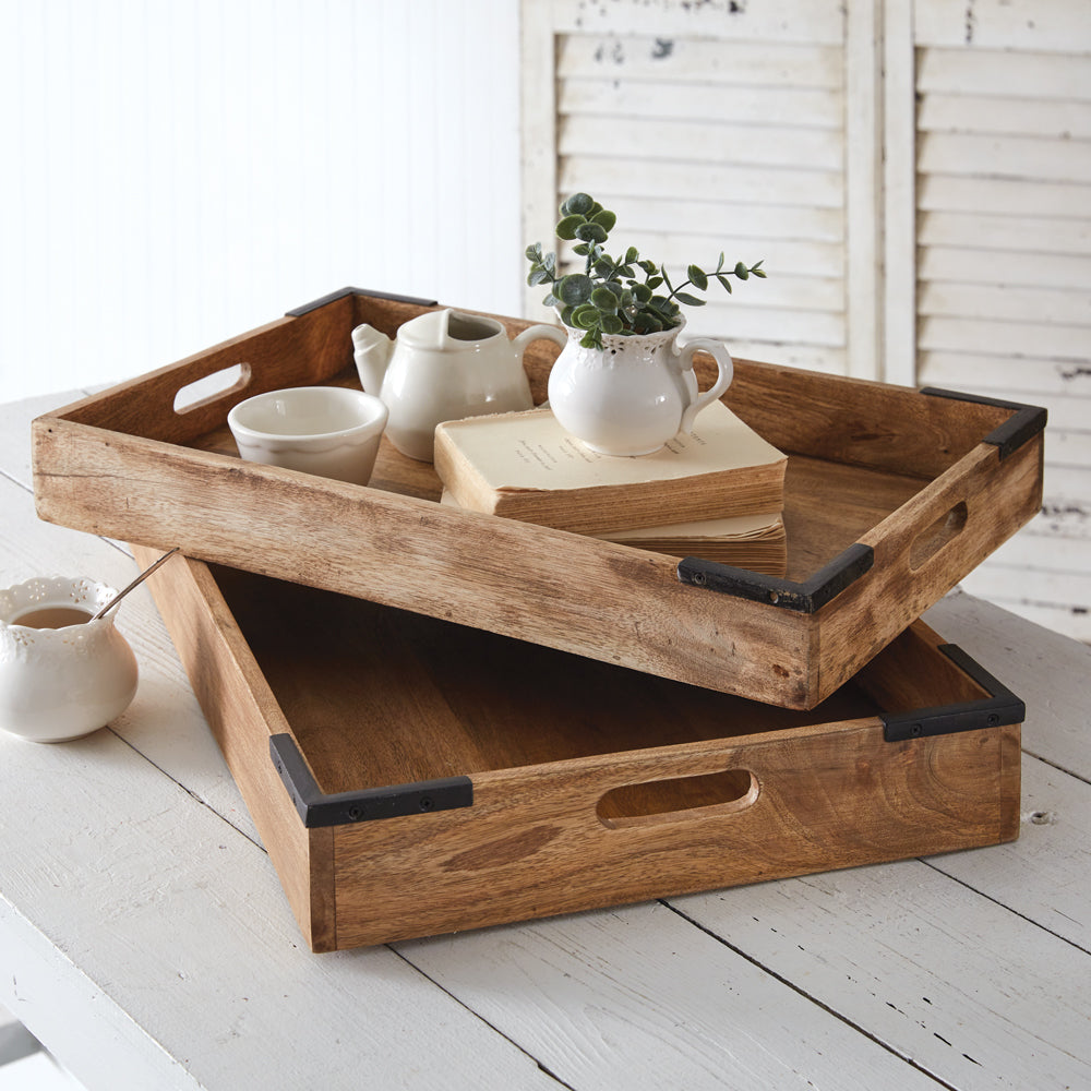 Set of 2 Coffee Table Wood Trays