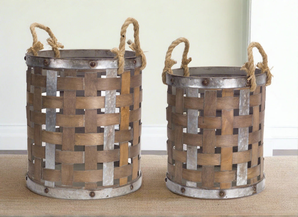 Weaved Pail Baskets with Rope Handle, Set of 2