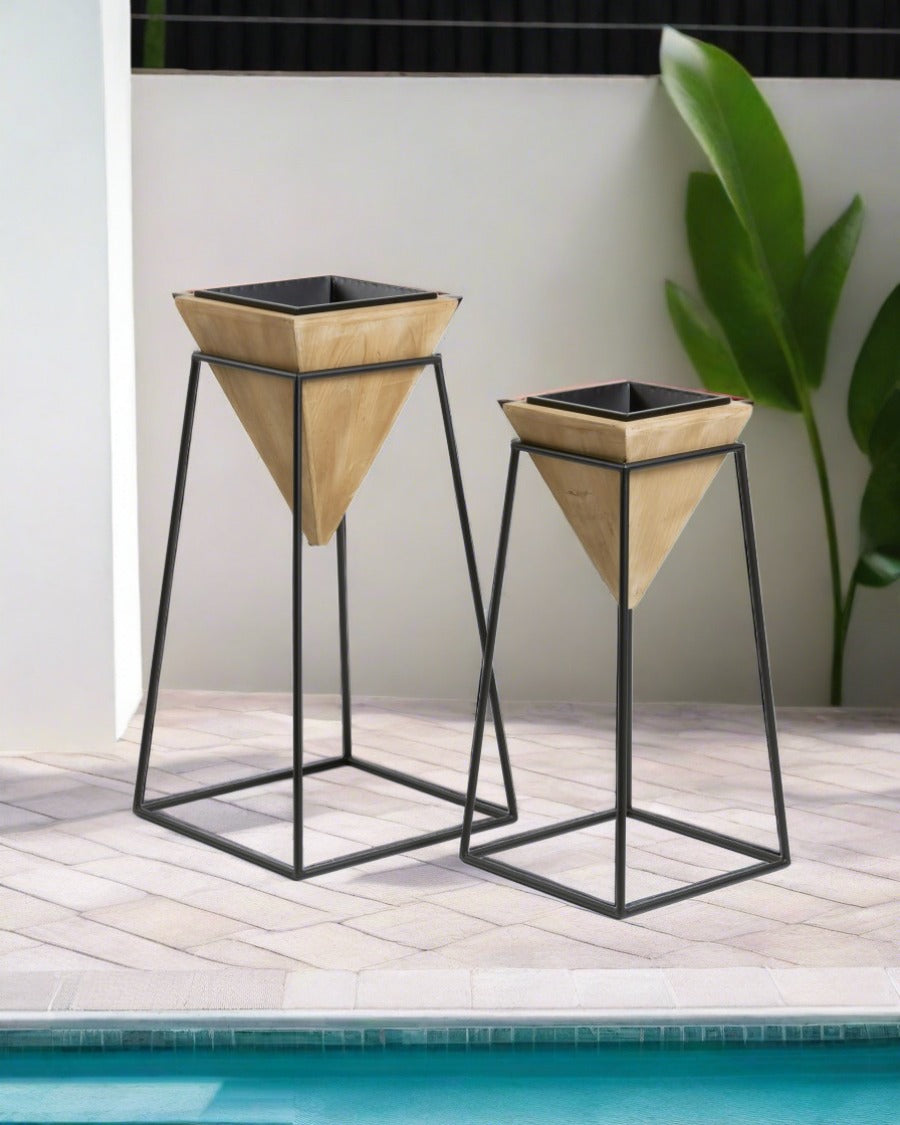 Fall River Black Wood and Metal Planters, Set of 2