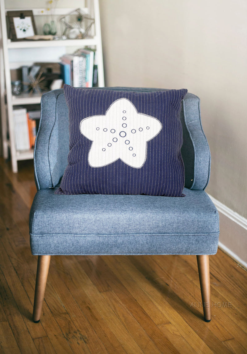 Navy Blue & White Nautical Pillow with Starfish - Adley & Company Inc. 