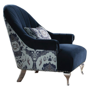 Ikat Inspired Navy Blue Velvet Chair with Cushion