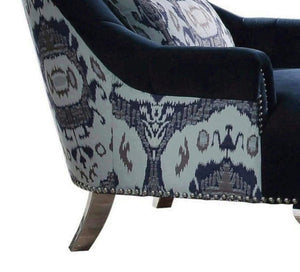 Ikat Inspired Navy Blue Velvet Chair with Cushion