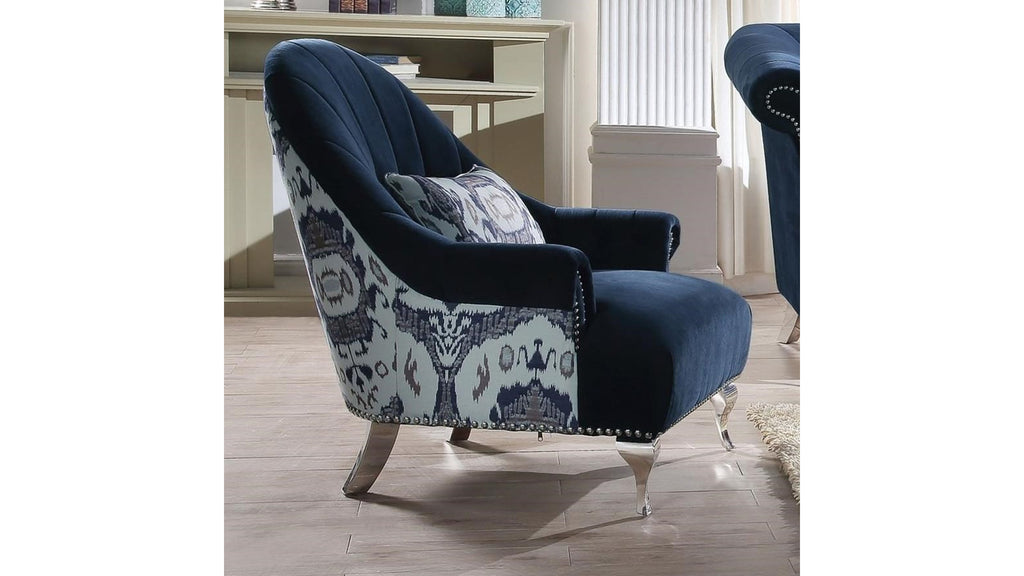 Ikat Inspired Navy Blue Velvet Chair with Cushion