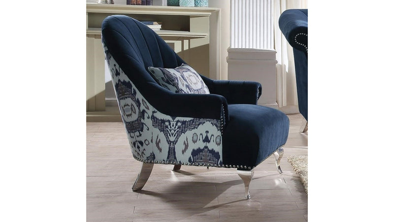 Ikat Inspired Navy Blue Velvet Chair with Cushion