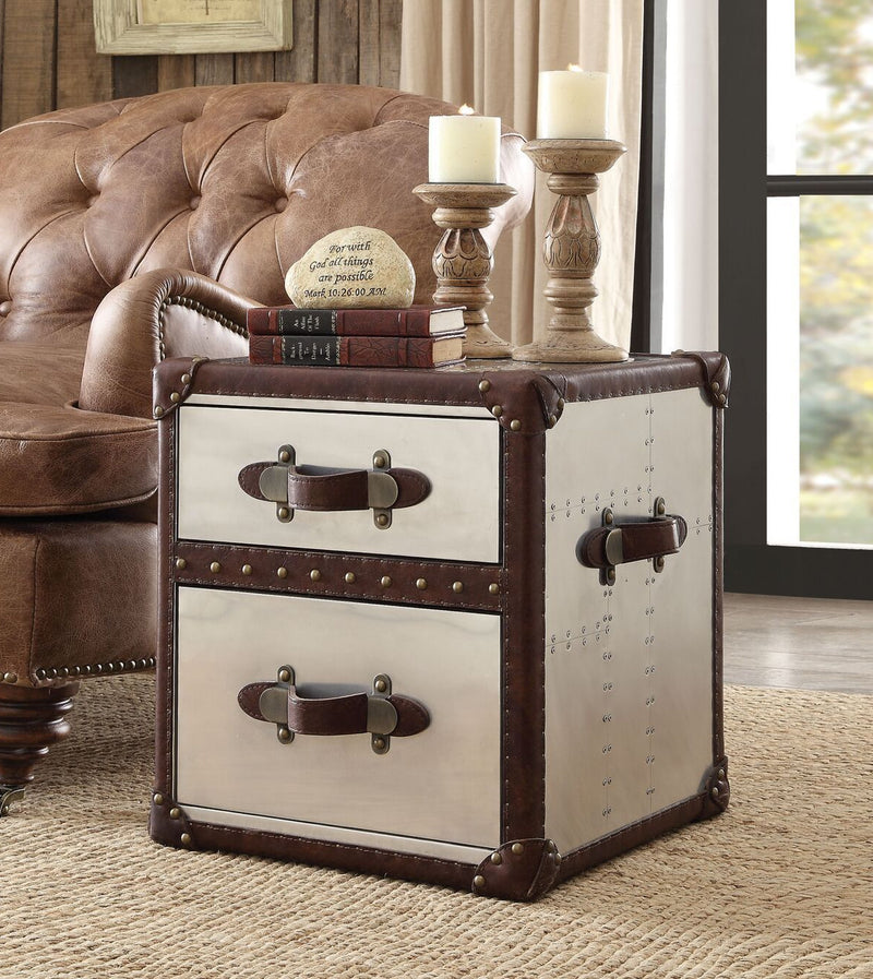 Vintage Leather & Aluminium Trunk Side Table, Nightstand,night stand,Adley & Company Inc.