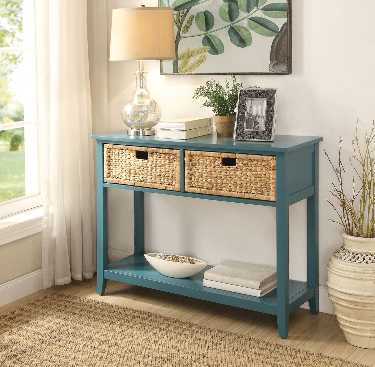 Coastal Console Table with Wicker Basket Drawers,console table,Adley & Company Inc. 