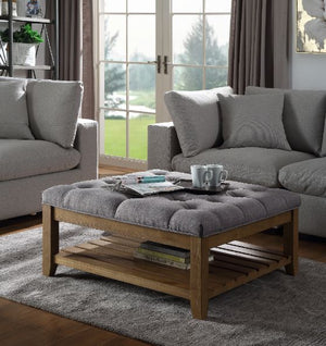 Bayside Gray Tufted Ottoman with Slatted Shelf